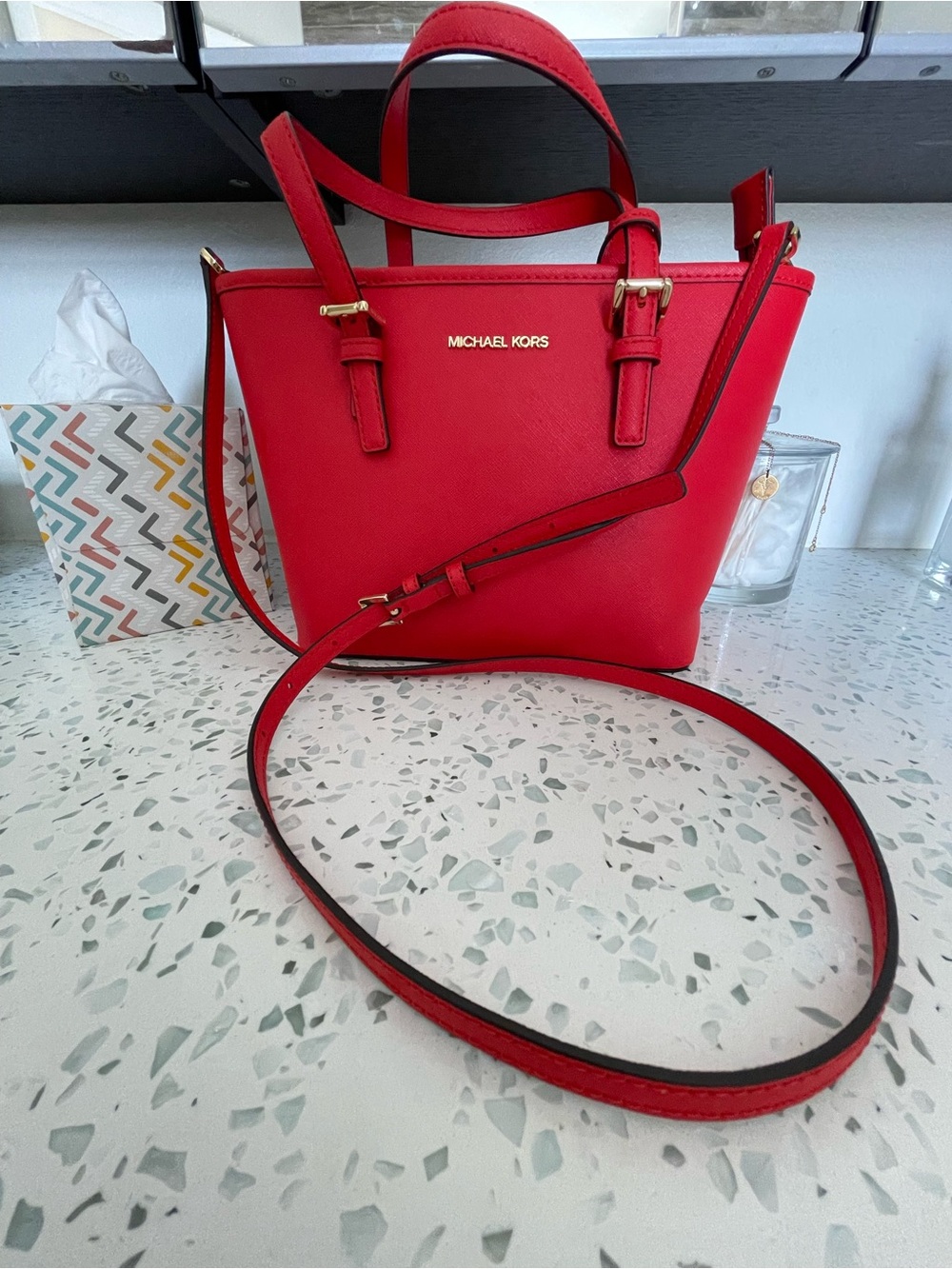 Michael Kors Red Saffiano Crossbody Tote with Gold Hardware